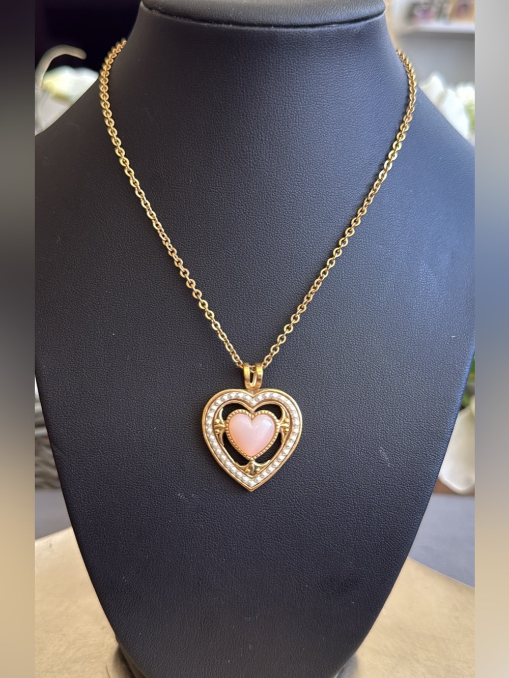 Gold Heart Pendant Necklace with Pink Enamel Center